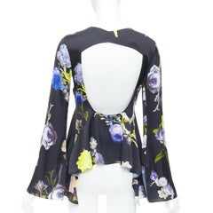ACNE STUDIOS 2017 Bahari purple black floral silky flare cut out top FR34 XS