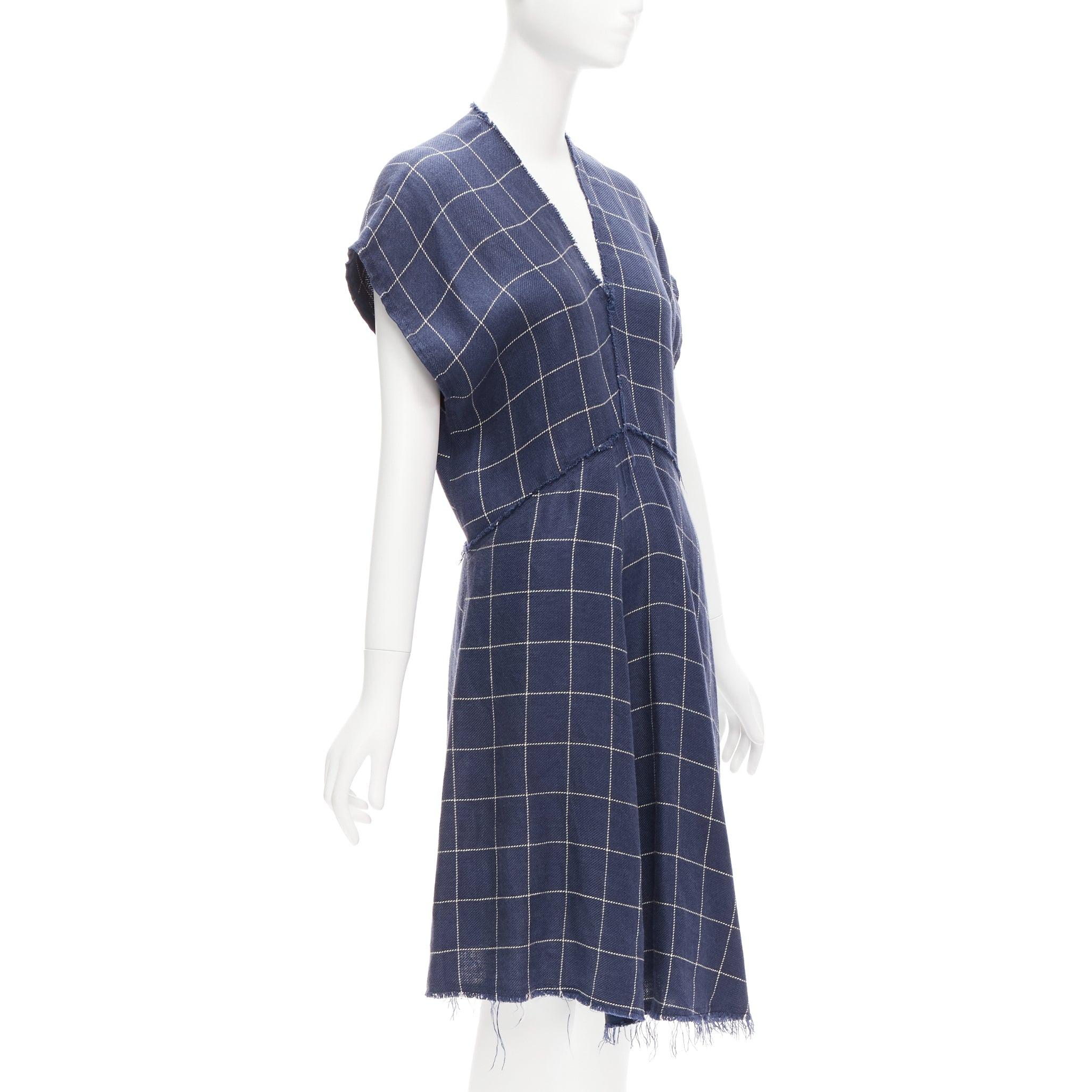 Purple ACNE STUDIOS 2018 navy white linen windowpane bias cut raw edge dress FR34 XS For Sale