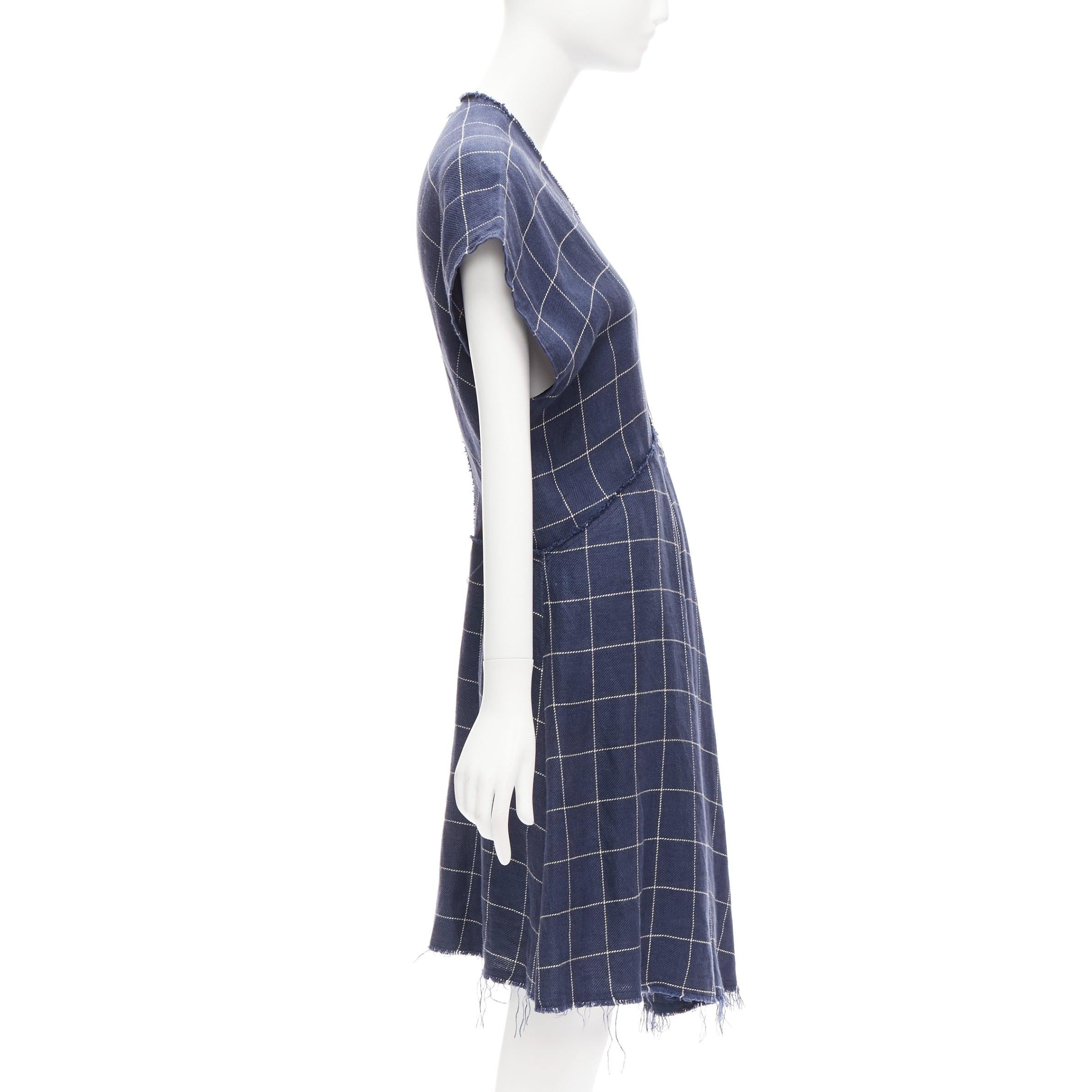 ACNE STUDIOS 2018 navy white linen windowpane bias cut raw edge dress FR34 XS In Good Condition For Sale In Hong Kong, NT