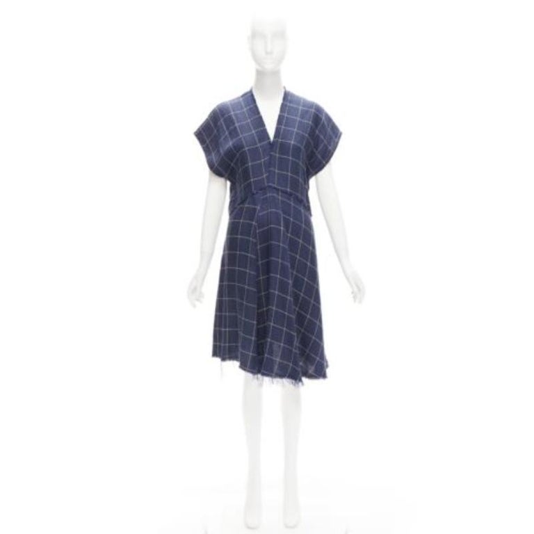 ACNE STUDIOS 2018 navy white linen windowpane bias cut raw edge dress FR34  XS at 1stDibs
