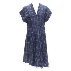 ACNE STUDIOS 2018 navy white linen windowpane bias cut raw edge dress FR34 XS