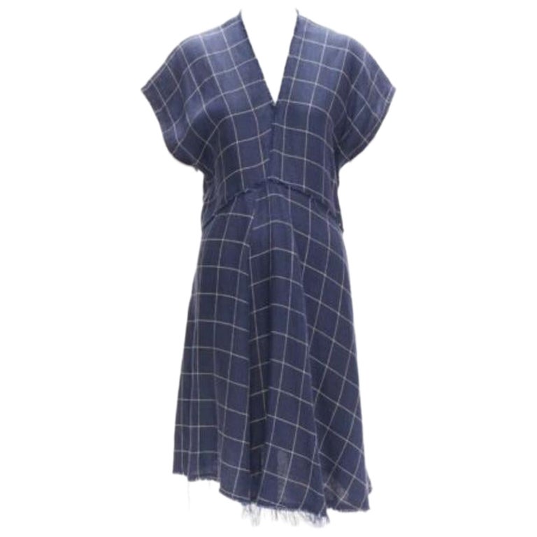 ACNE STUDIOS 2018 navy white linen windowpane bias cut raw edge dress FR34  XS at 1stDibs