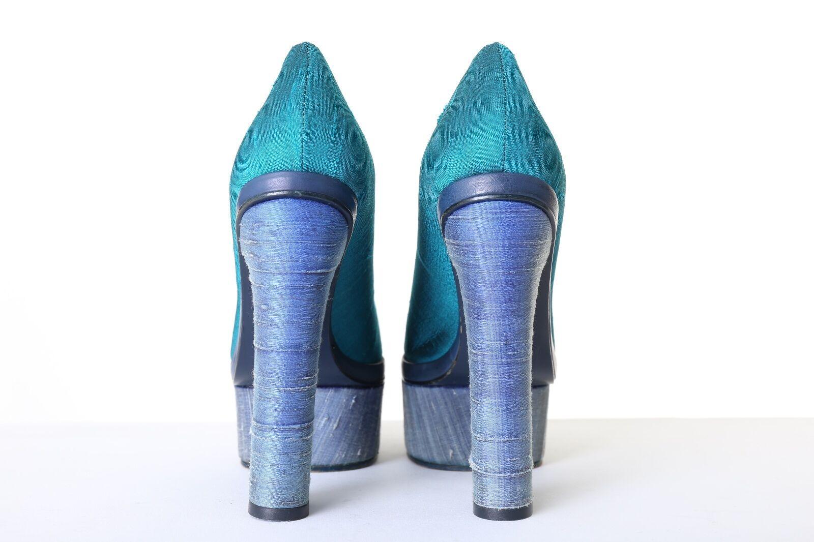 ACNE STUDIOS Alice turquoise blue thai silk covered platform round toe pump EU37 In Good Condition In Hong Kong, NT