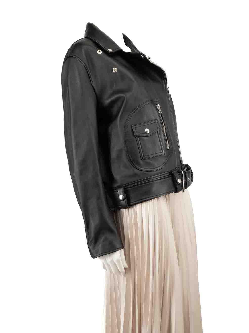 CONDITION is Never worn, with tags. No visible wear to jacket is evident on this new Acne Studios designer resale item.
 
 
 
 Details
 
 
 New Merlyn model
 
 Black
 
 Leather
 
 Biker jacket
 
 Front asymmetric zip closure
 
 Zipped cuffs
 
 1x