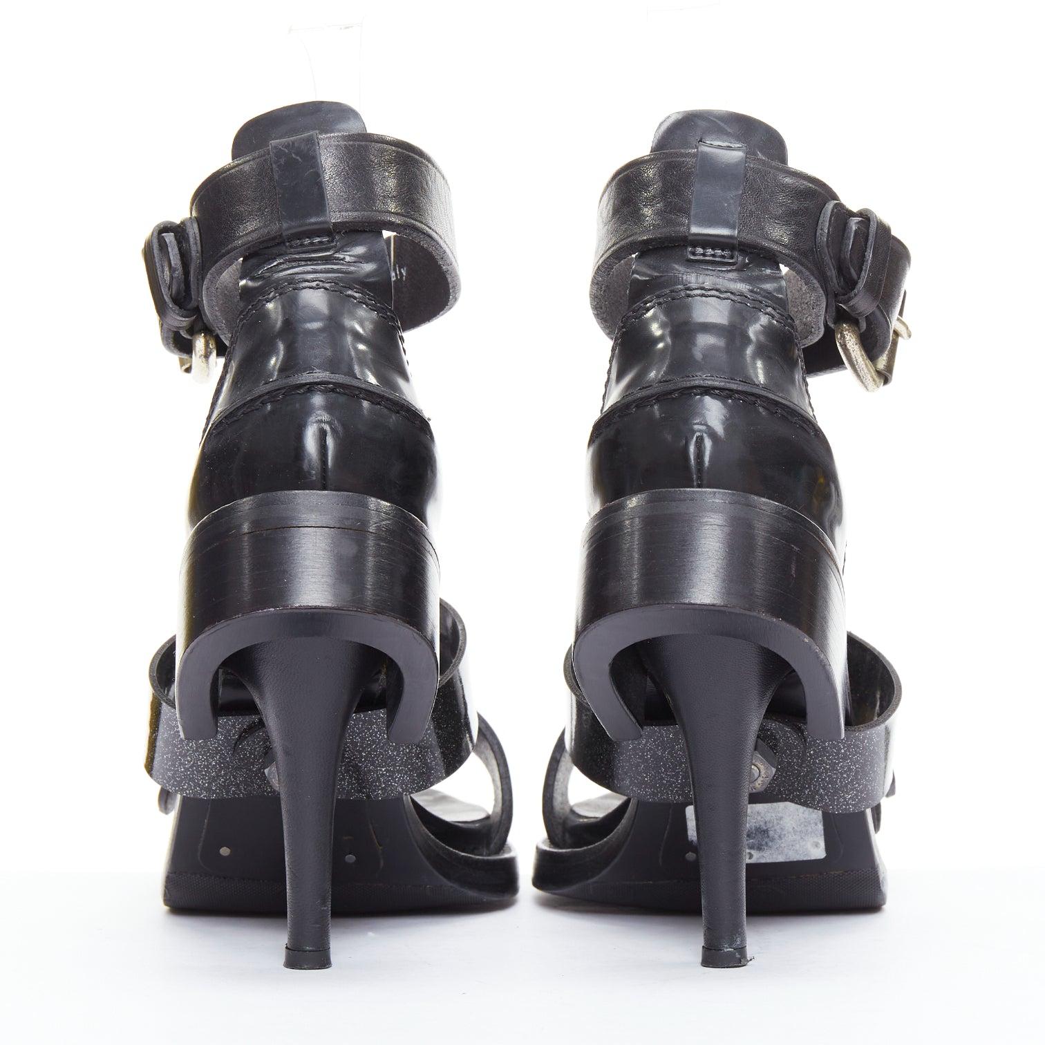 Women's ACNE STUDIOS black leather silver buckle deconstructed high heel sandals EU37 For Sale