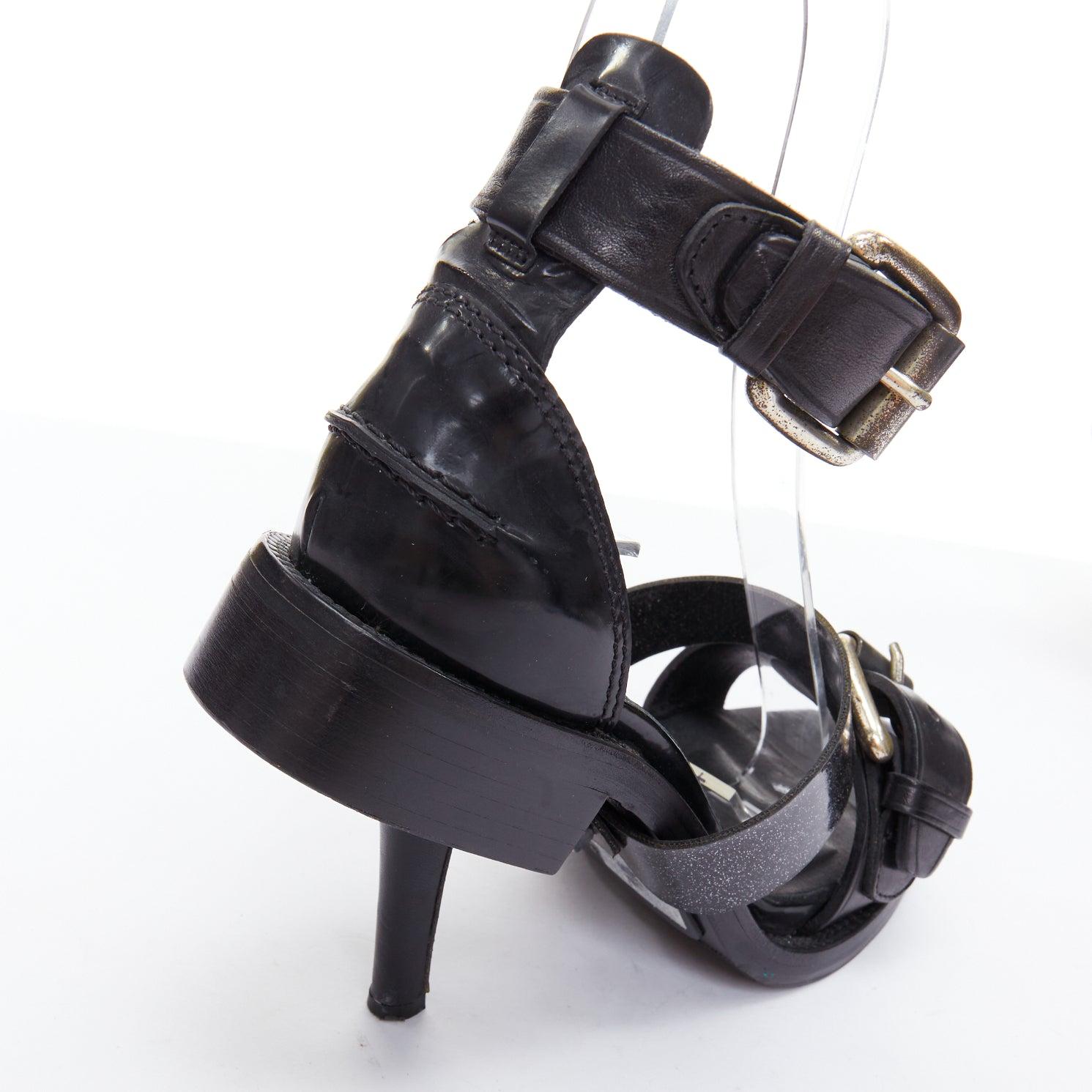 ACNE STUDIOS black leather silver buckle deconstructed high heel sandals EU37 For Sale 3
