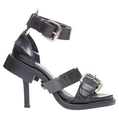 ACNE STUDIOS black leather silver buckle deconstructed high heel sandals EU37