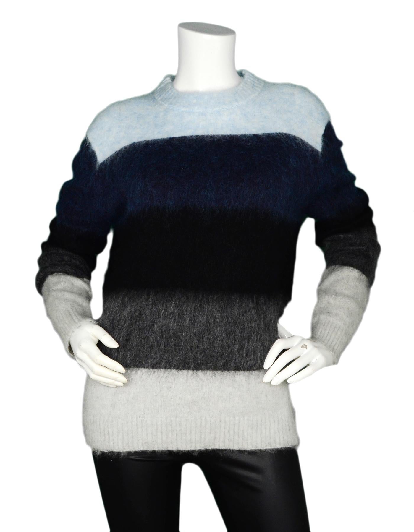 ACNE Studios Blue/Grey/Black Striped Long Sleeve Mohair Sweater NWT Sz XXS

Made In: China 
Color: Blue, grey, black
Materials: 38% nylon, 28% mohair, 4% elastane 
Opening/Closure: Pull over
Overall Condition: Excellent condition with original tags