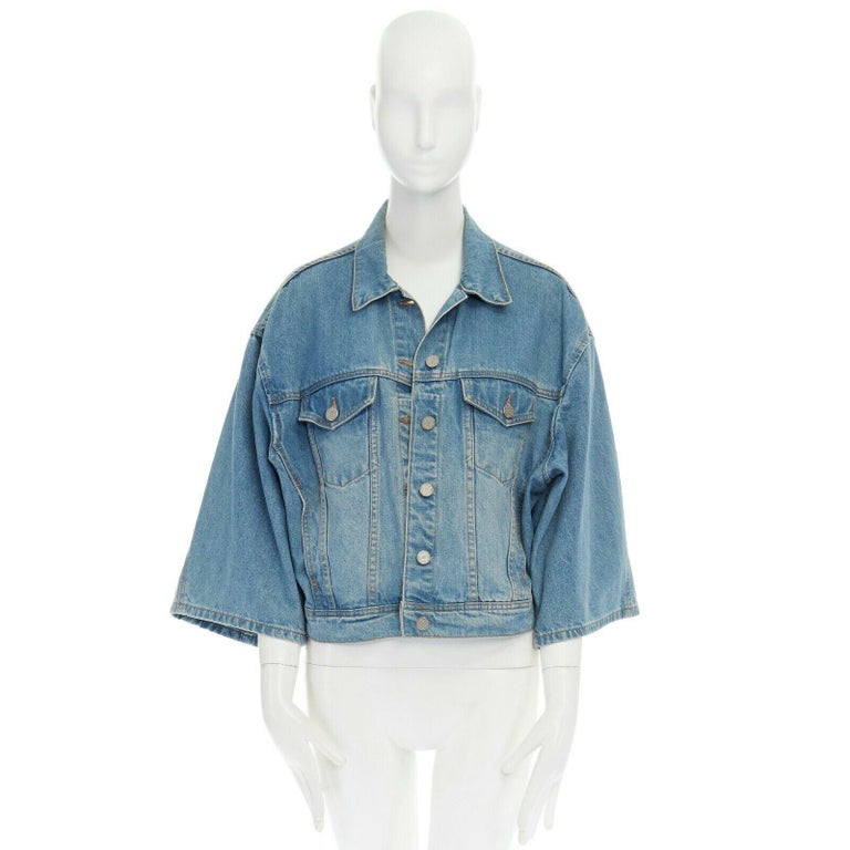 ACNE STUDIOS blue washed denim dual pocket wide 3/4 sleeve jean jacket ...
