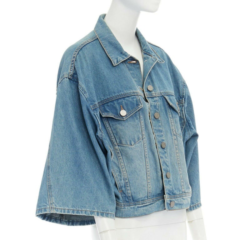 ACNE STUDIOS blue washed denim dual pocket wide 3/4 sleeve jean jacket