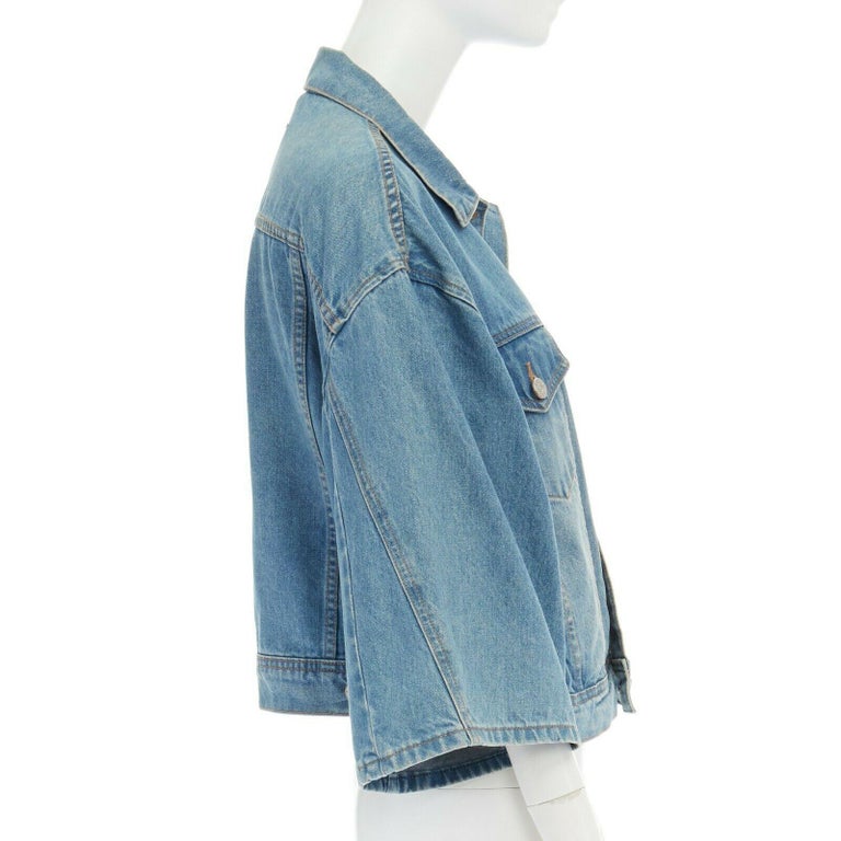 ACNE STUDIOS blue washed denim dual pocket wide 3/4 sleeve jean jacket