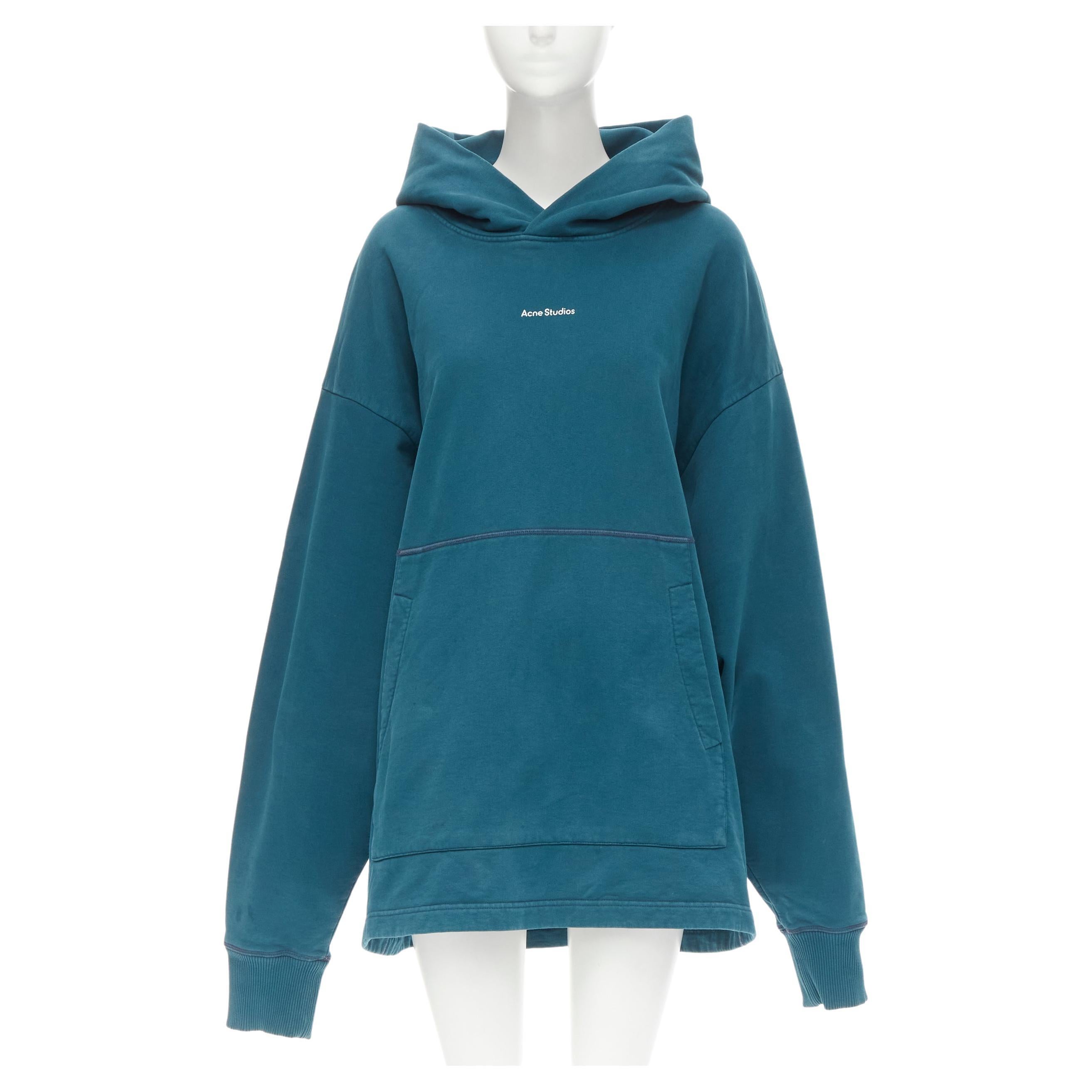 ACNE STUDIOS logo print washed cotton turquoise blue oversized hoodie M For Sale