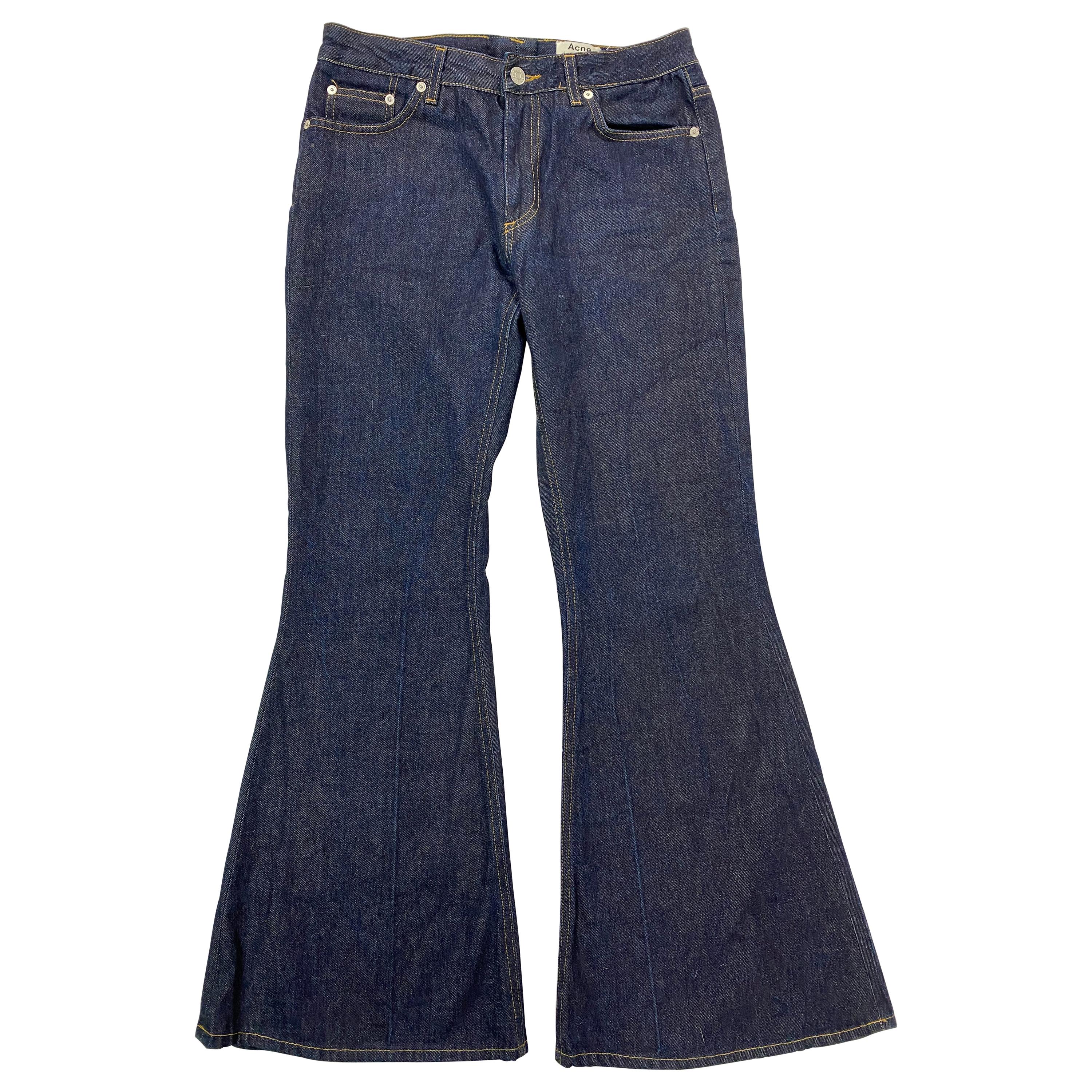 Acne Studios Mello Raw Long Flare Denim Jeans, Size 26 For Sale