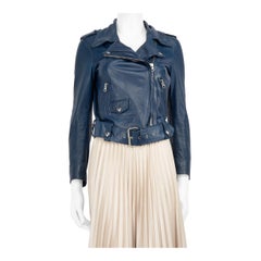 Acne Studios - Veste motard ceinturée en cuir bleu marine, taille XXS