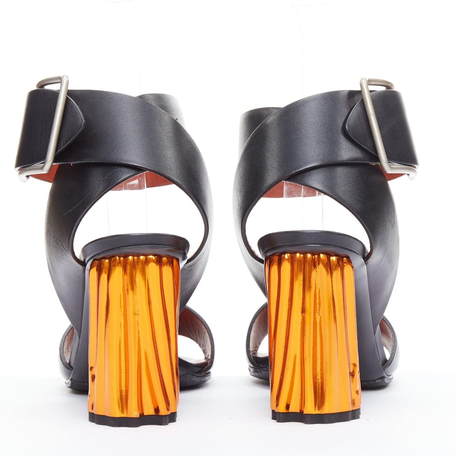 Women's ACNE STUDIOS Obin metallic orange bark heel black leather sandals EU37 For Sale
