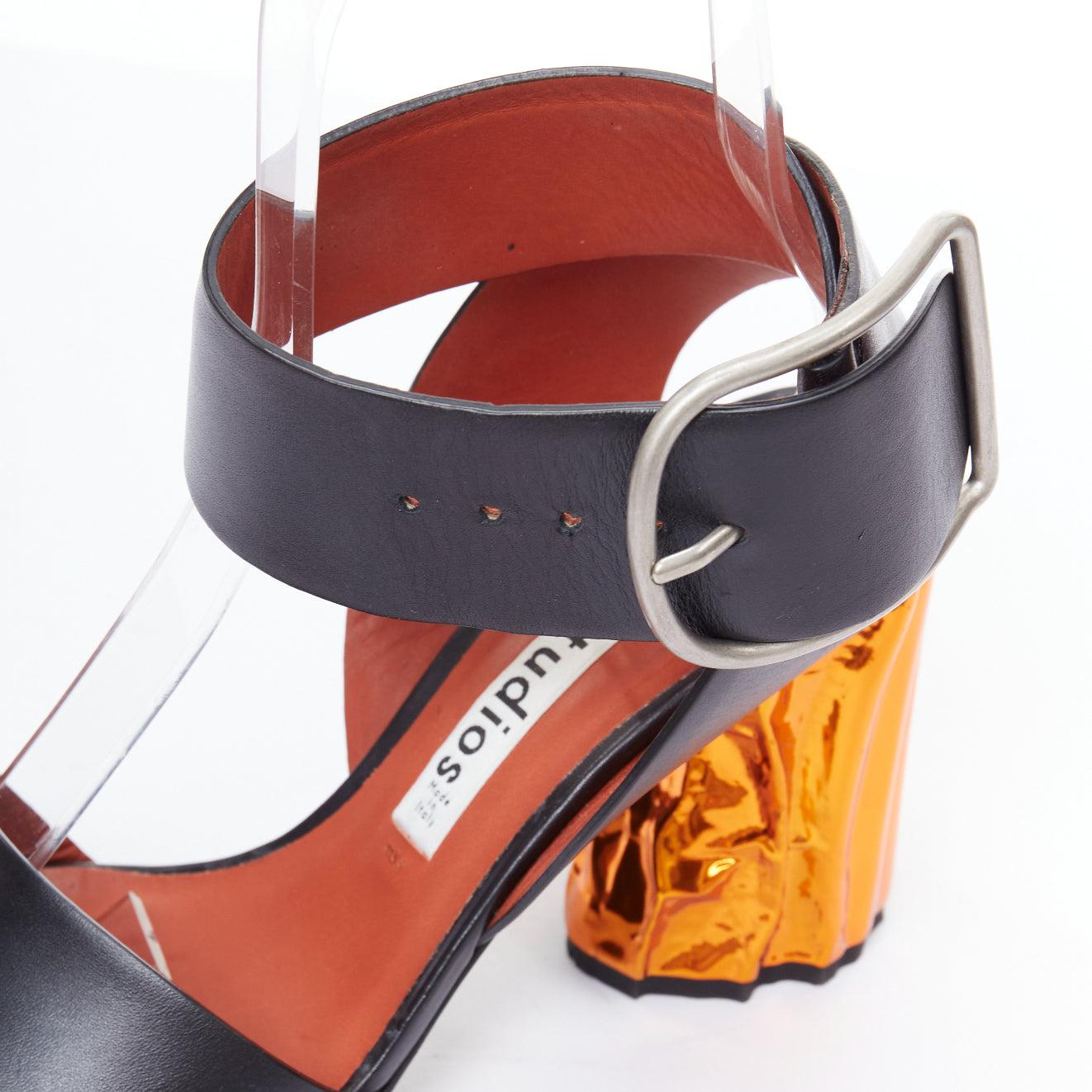 ACNE STUDIOS Obin metallic orange bark heel black leather sandals EU37 For Sale 3