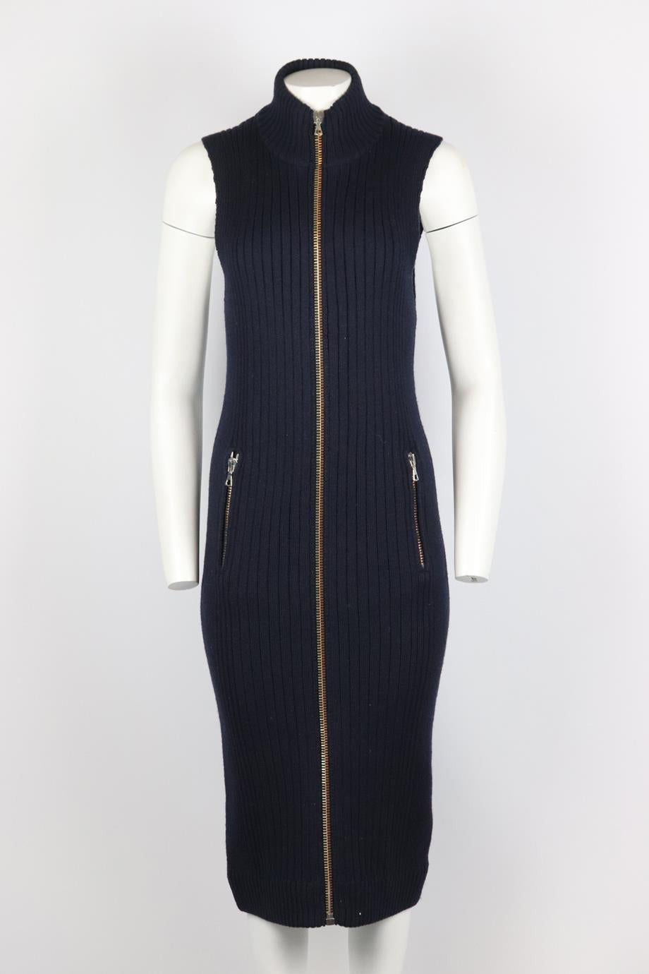Acne Studios ribbed wool midi dress. Navy. Sleeveless, mock neck. Zip fastening at the front. 100% Wool. Size: XSmall (UK 6, US 2, FR 34, IT 38). Bust: 32 in. Waist: 30 in. Hips: 32 in. Length: 43 in. Very good condition - Some light signs of wear;