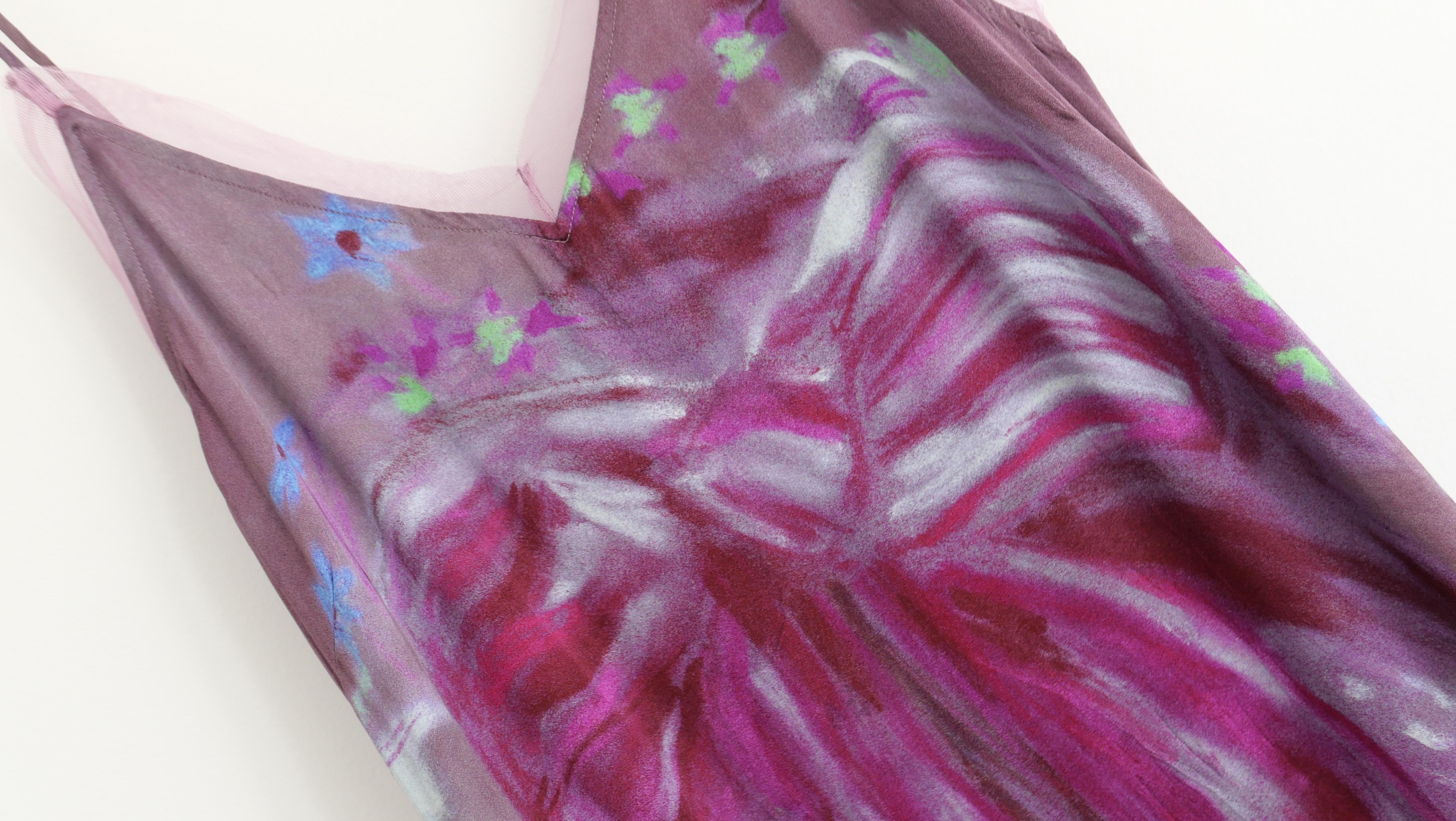 Super cool Acne Studios x Karen Kilimnik satin slip dress. Unworn. Made from soft lilac purple viscose with a gorgeous bow print to front and pink tulle trims. Has adjustable  straps and a slight a-line cut. Size FR42/UK14. Approx measurements -