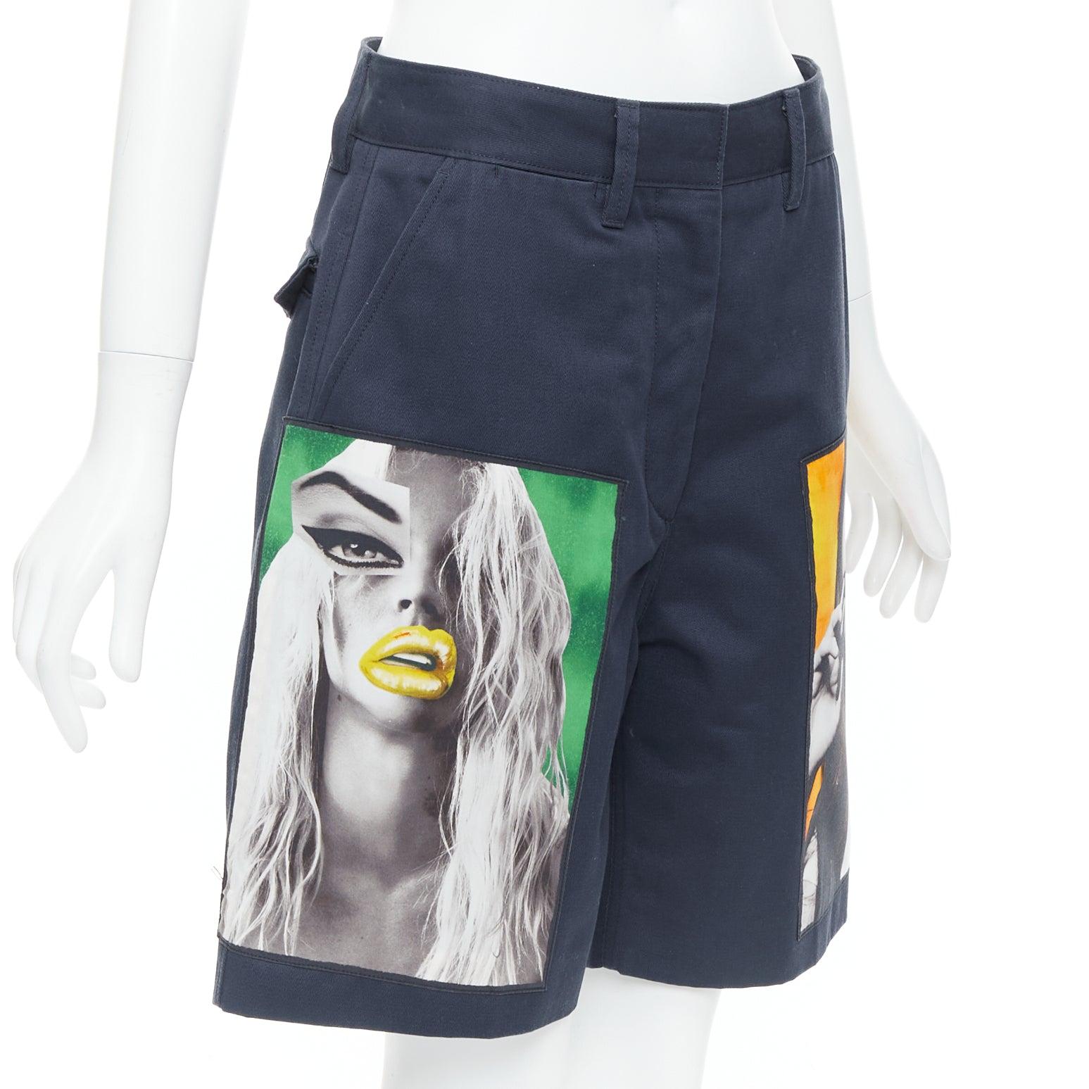 Black ACNESTUDIOS 2015 Eora Vermina collage portrait print navy bermuda shorts FR34 XS For Sale