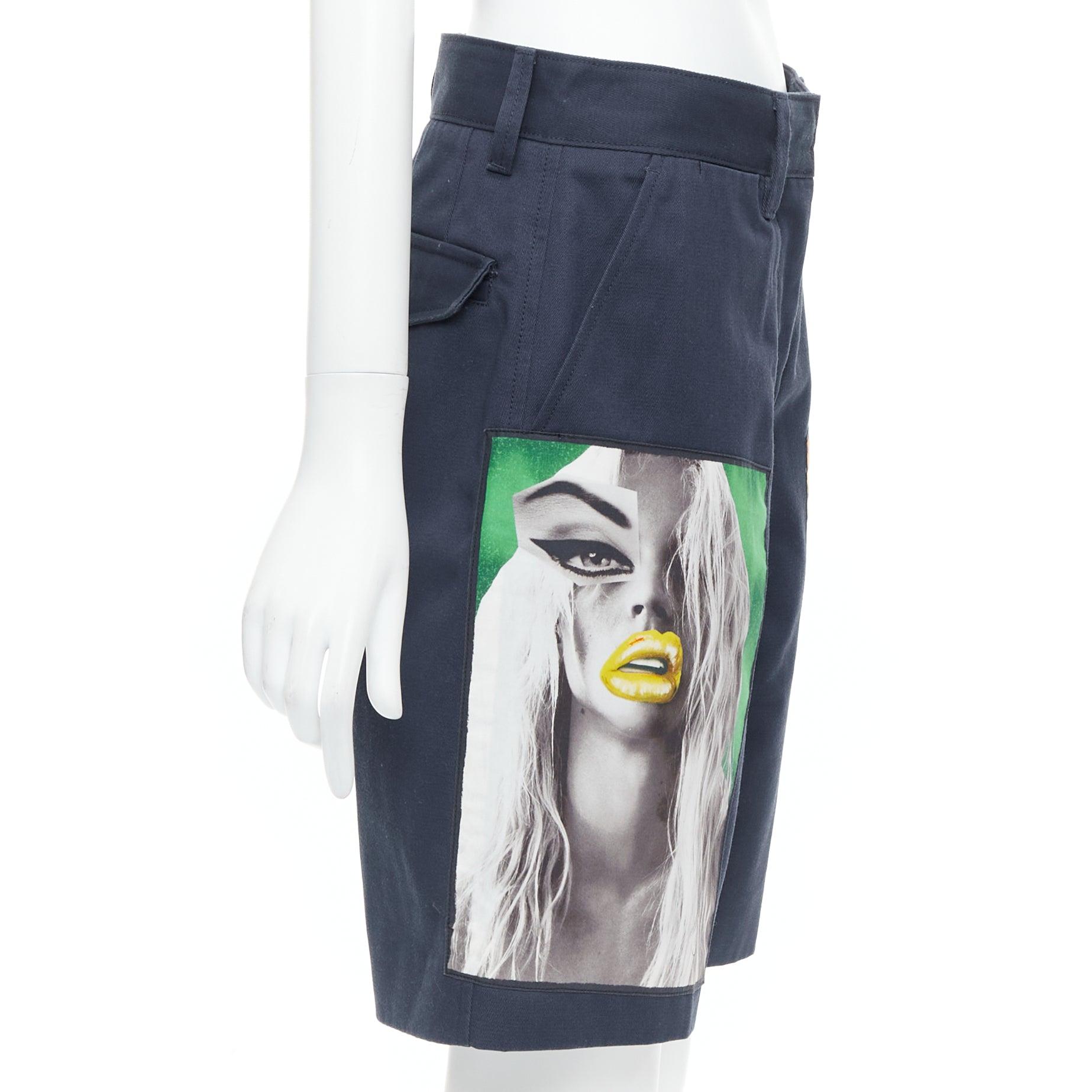 ACNESTUDIOS 2015 Eora Vermina collage portrait print navy bermuda shorts FR34 XS In Good Condition For Sale In Hong Kong, NT