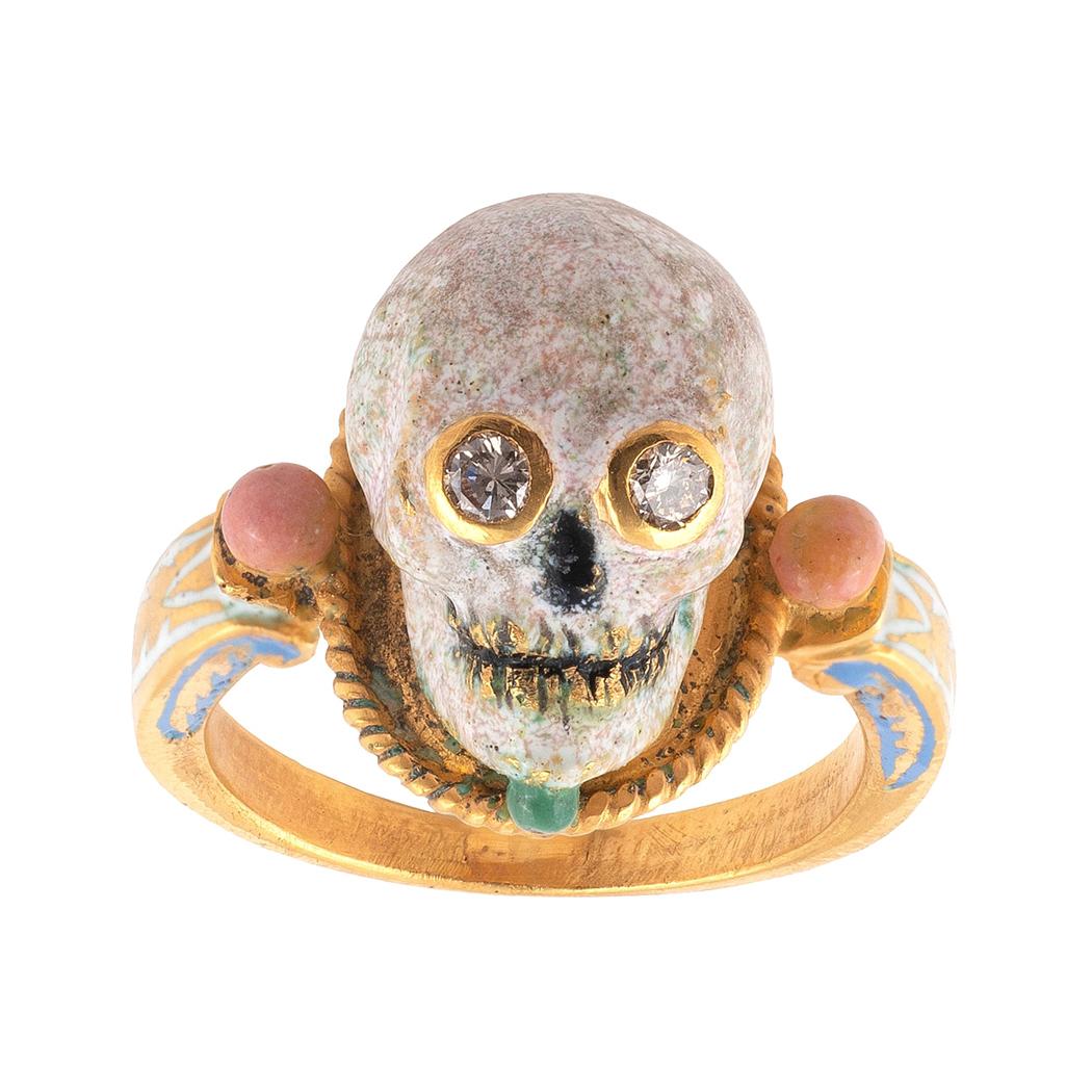A.Codognato Small Enamel Diamond Gold Skull Memento Mori Ring
