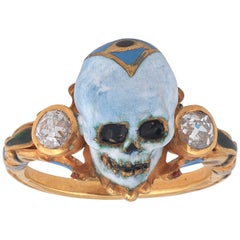 Vintage A.Codognato Small Enamel Diamond Gold Skull Memento Mori Ring