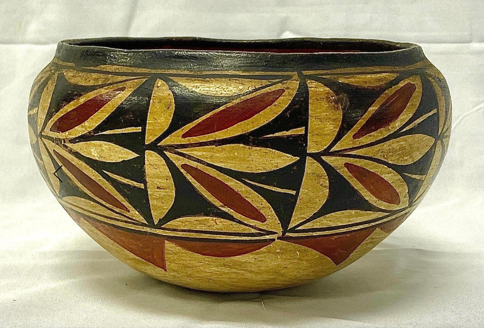 Vintage 19th Century (1870's) Acoma Native American Bowl. Painted light brown, red and black with red clay coloring on inside.