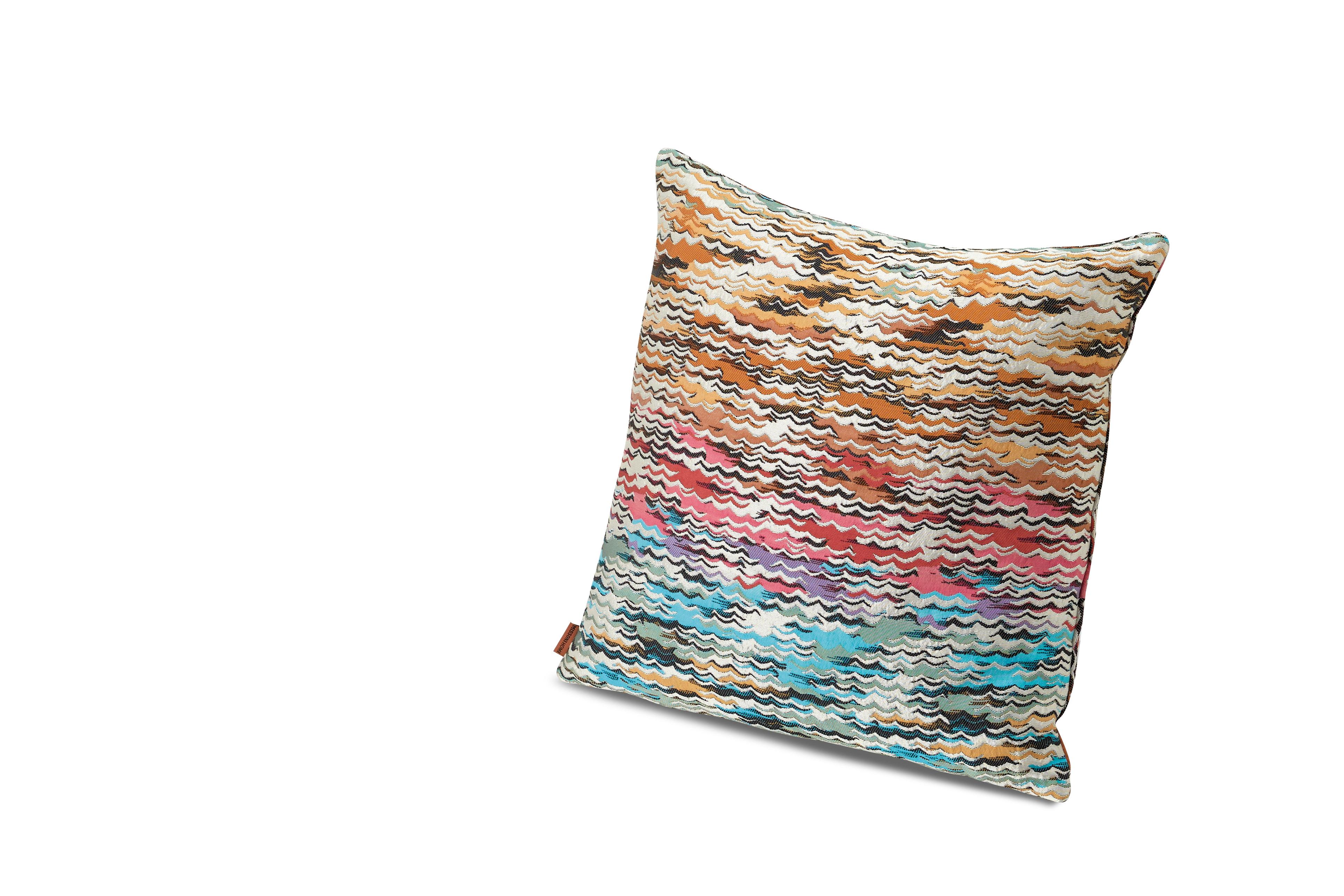 Missoni Home's shaded multi-colored, micro-ripple patterned cushion with patchwork design on one side; removeable cover and Down insert (certified as responsibly souced down)