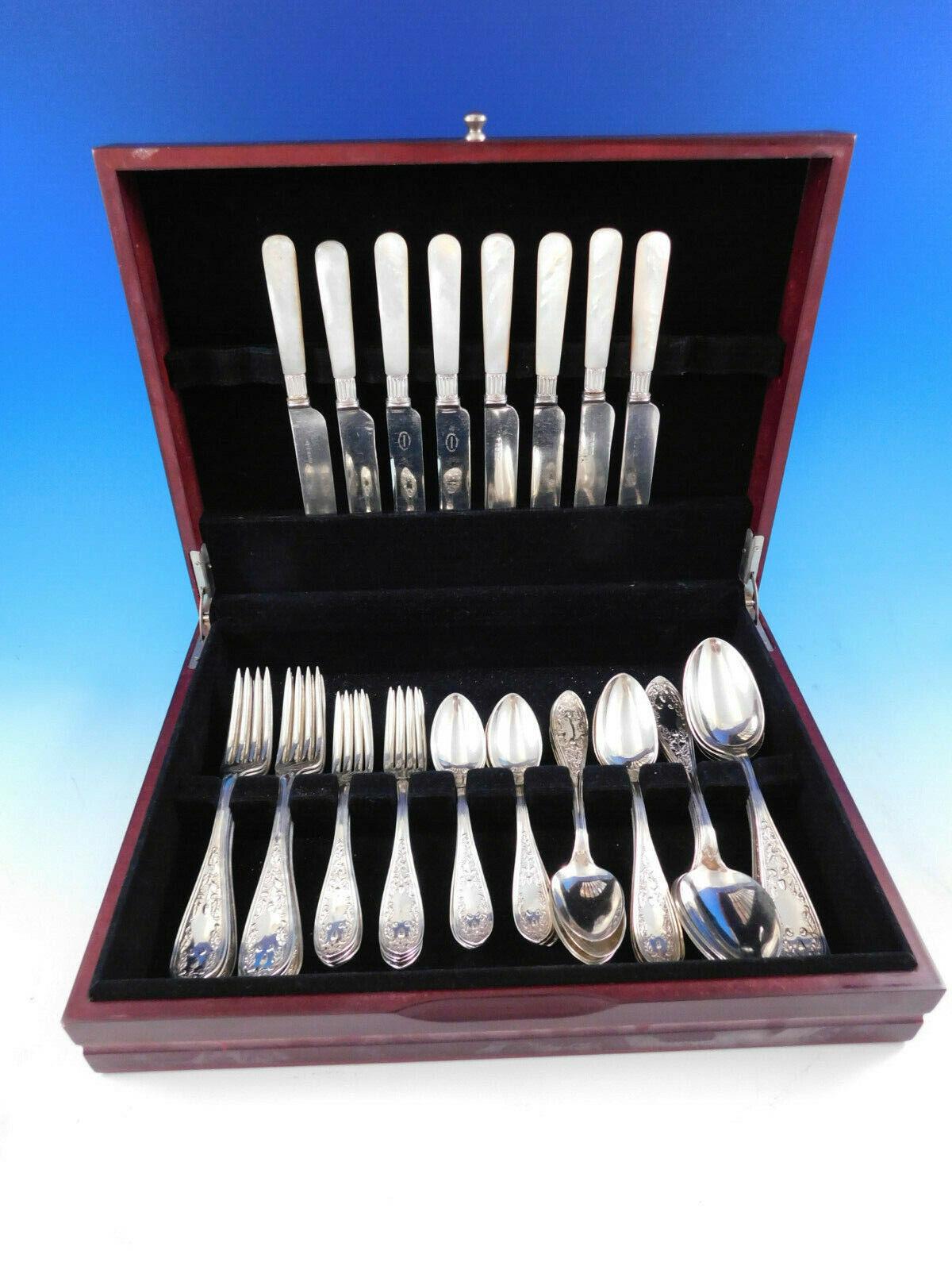 Exceedingly rare, circa 1850's (Boston), Acorn and Oak By Bailey, Kettell & Chapman Sterling Silver Flatware set - 39 pieces (plus 8 Mother of Pearl Handle Knives). This service includes:

8 Knives, Mother of Pearl Handle, 8 1/4