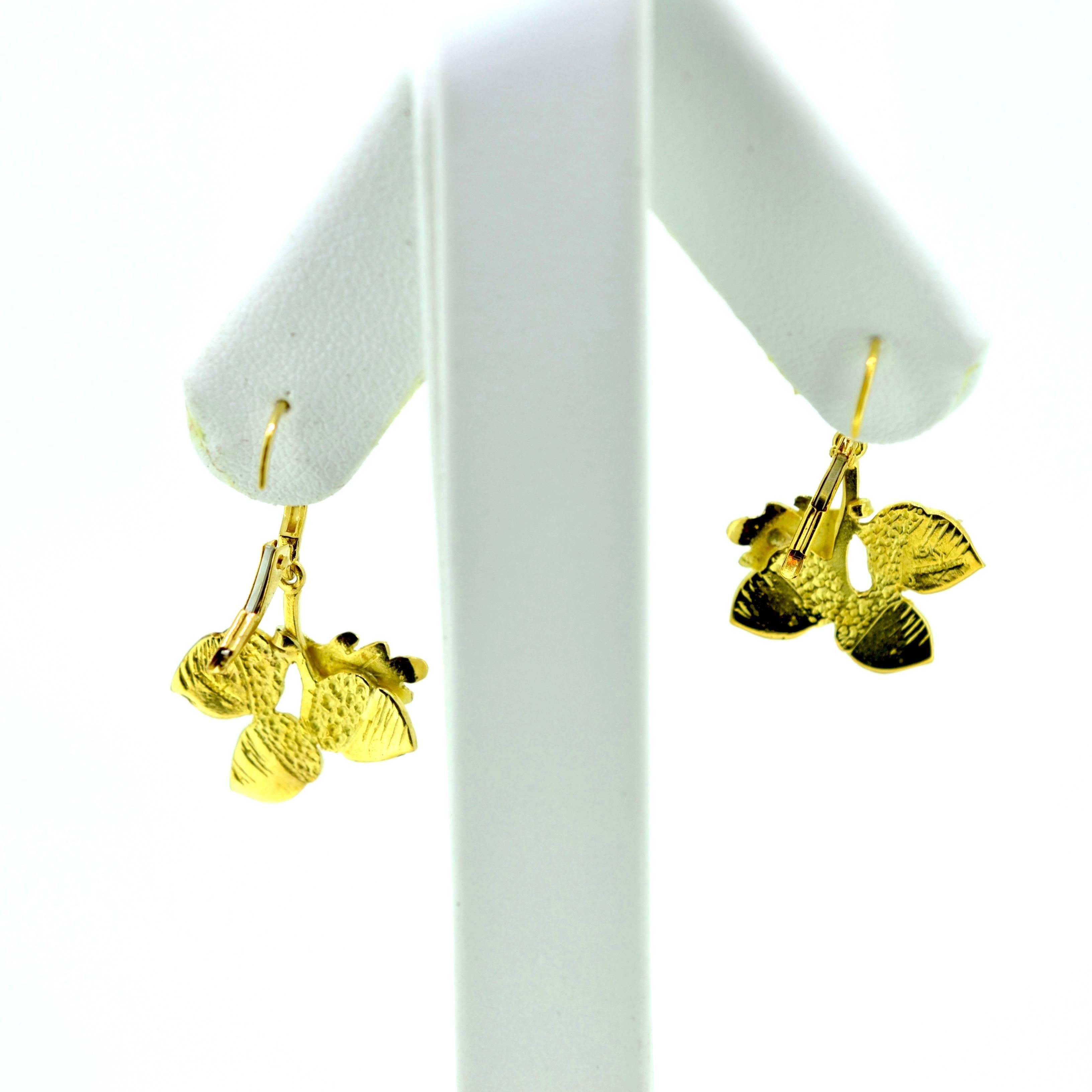 Acorn and Oak Leaf 18 kt gold pierced dangle earrings; hand pierced and fabricated.