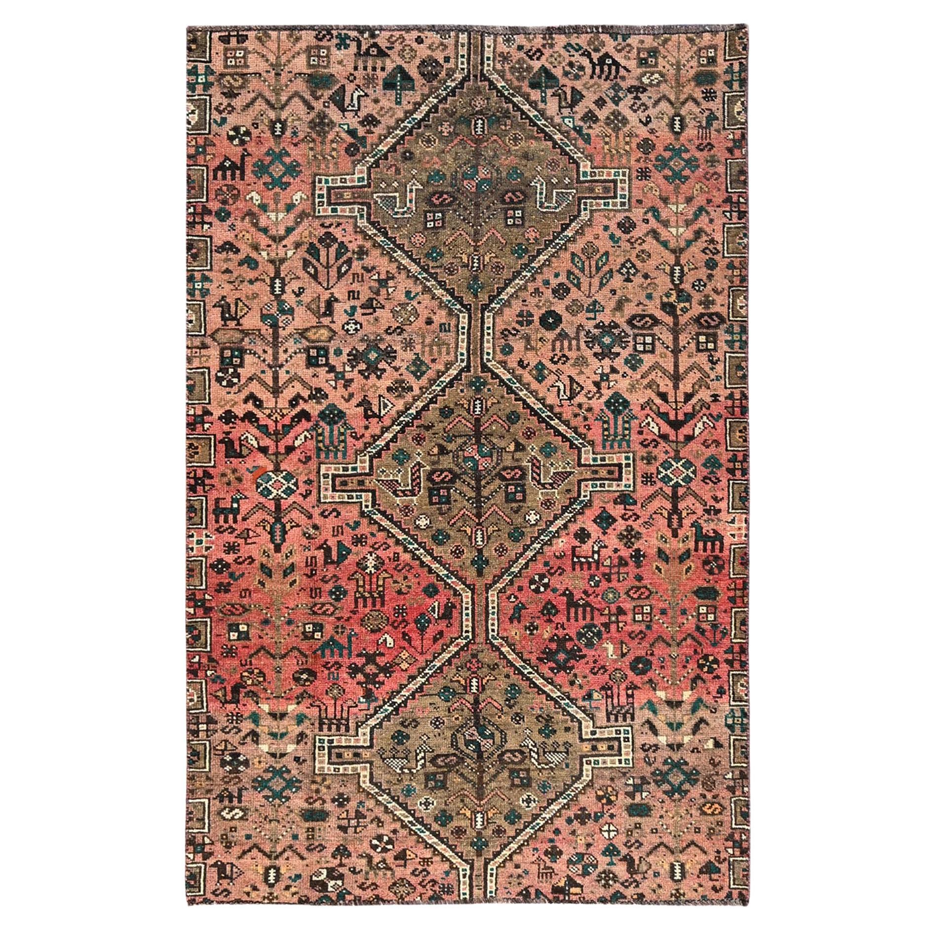Acorn Brown Old Persian Shiraz Abrash Evenly Worn Pure Wool Clean Distressed Rug