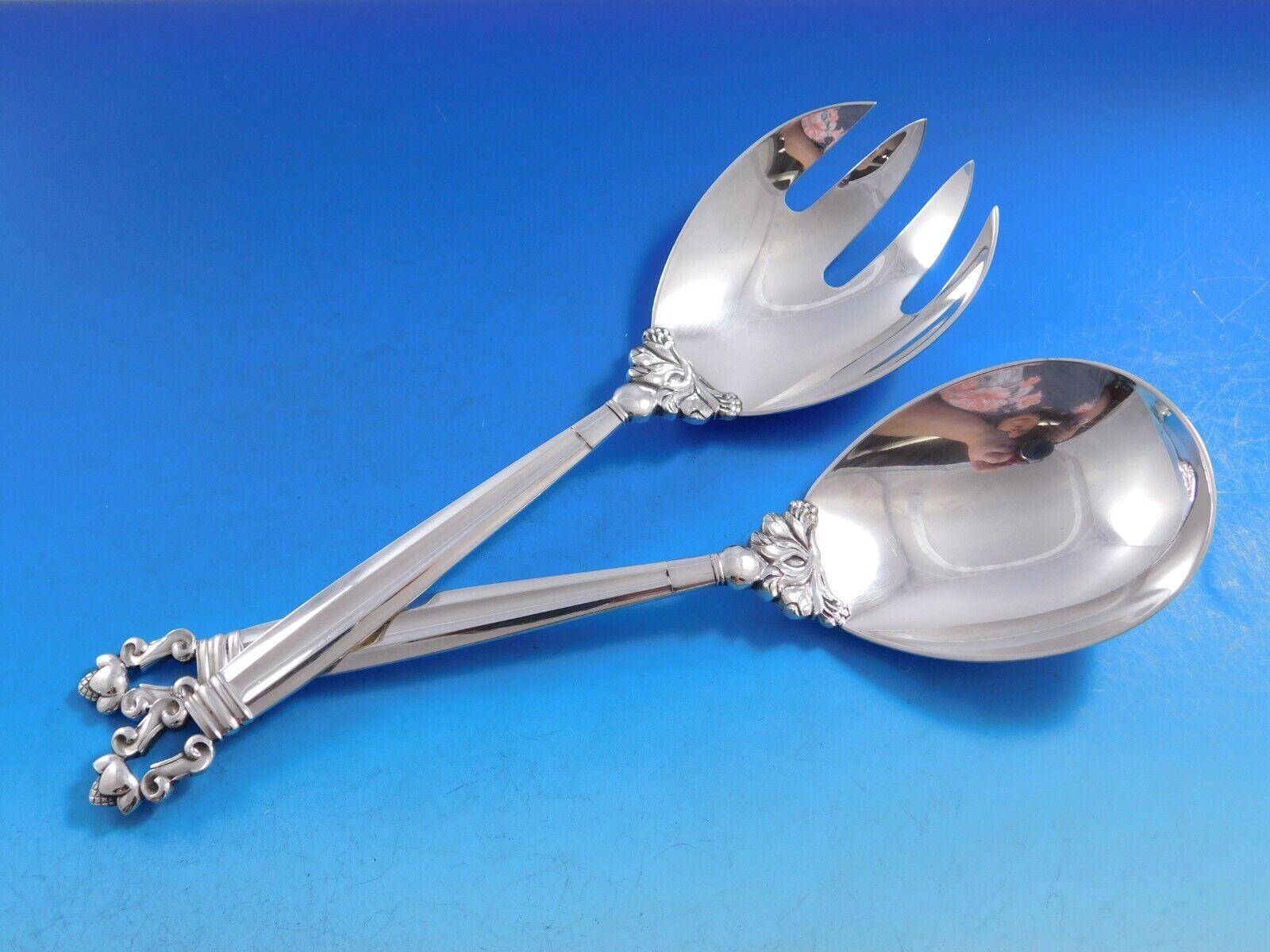 Mid-20th Century Acorn by Georg Jensen Sterling Silver Dinner Flatware Set 12 Service 63 pieces For Sale