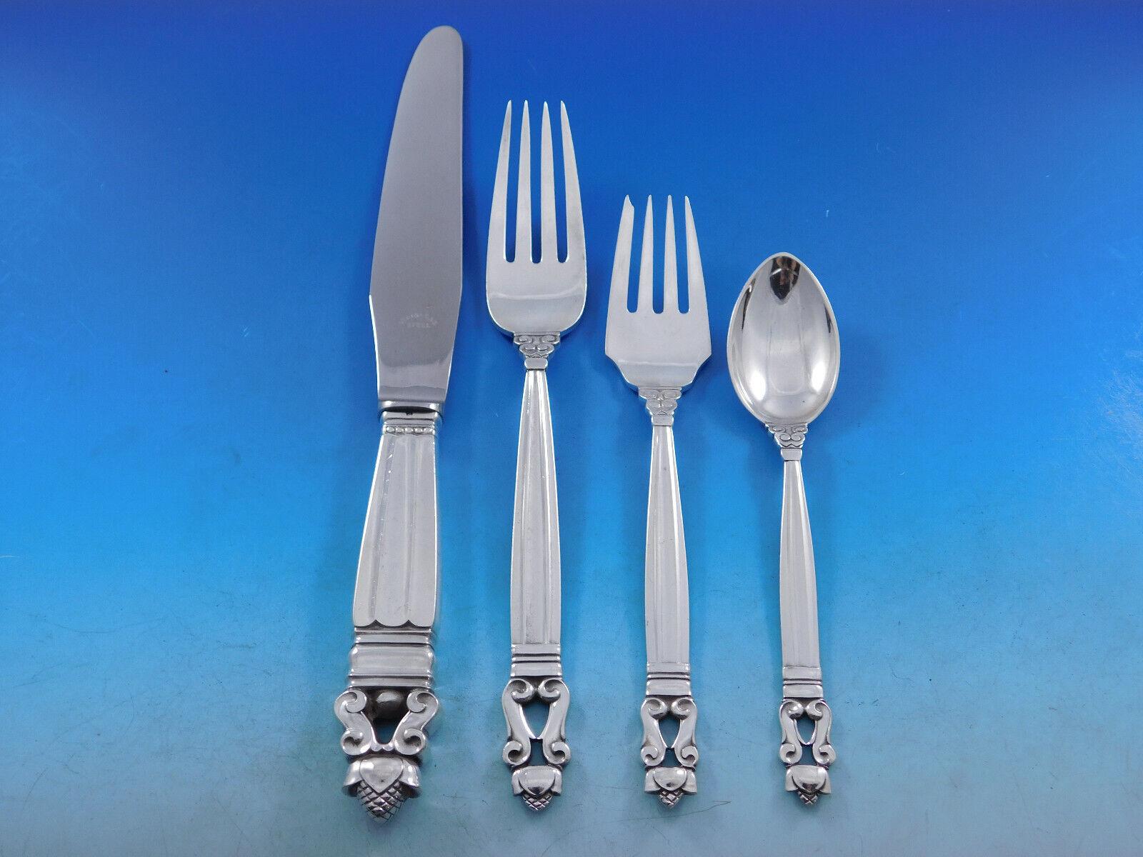 Acorn by Georg Jensen Sterling Silver Flatware Dinner Set 8 - 75 pcs GJ mark XL In Excellent Condition In Big Bend, WI