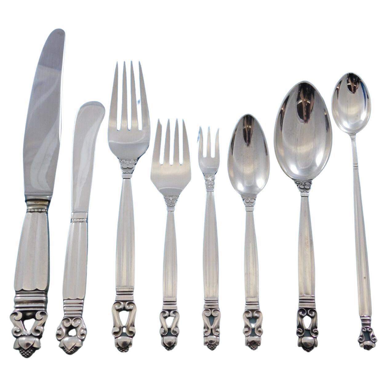 Service d'argenterie en argent sterling Acorn de Georg Jensen, ensemble de 6 pièces, 48 pièces, Dîner en vente