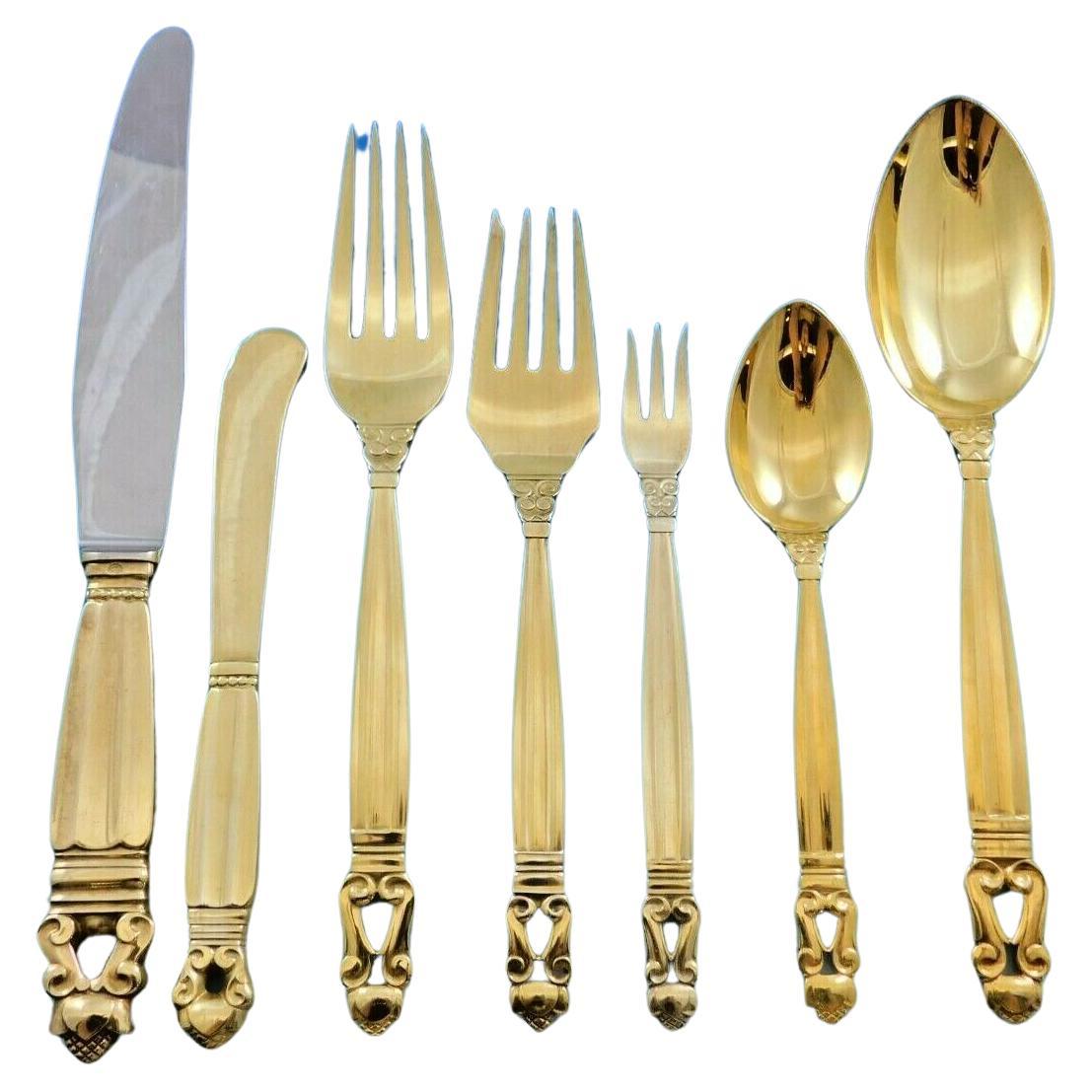 Bellota de Georg Jensen Juego de 12 cubiertos de plata de ley 102 piezas Vermeil dorado