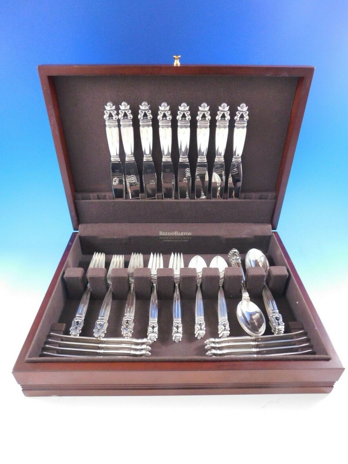 Dinner size Acorn by Georg Jensen sterling silver flatware set, 48 pieces. This set includes:

8 dinner knives, 9 1/8