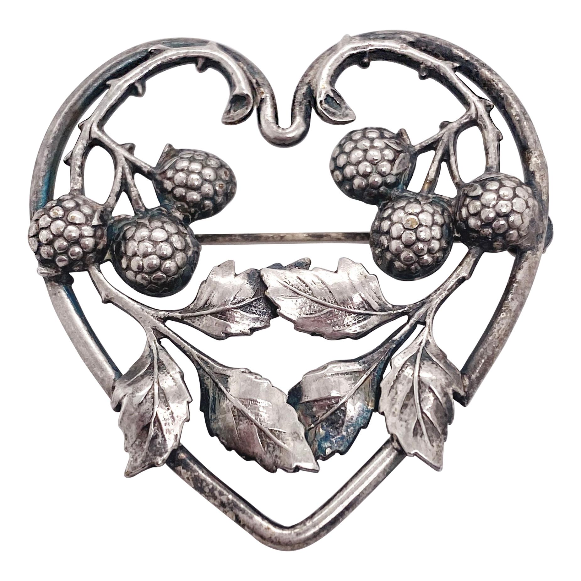 Acorn Heart Brooch Sterling Silver Vine Heart, Large Nature Inspired, circa 1869 For Sale