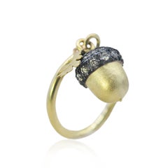 Acorn & Oak Leaf Charm Ring on Gold Band