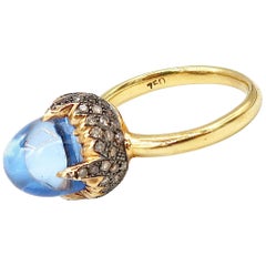 Acorn Shaped Blue Topaz Champagne Brown Diamond Pavé 18 Karat Gold Ring