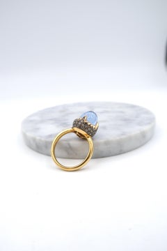 Acorn Shaped Blue Topaz Champagne Brown Diamond Pavé 18 Karat Gold Ring