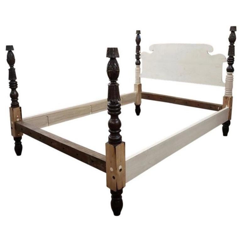 American Colonial Acorn Top High Low Bed with Light Birdseye Maple, circa 1820 For Sale