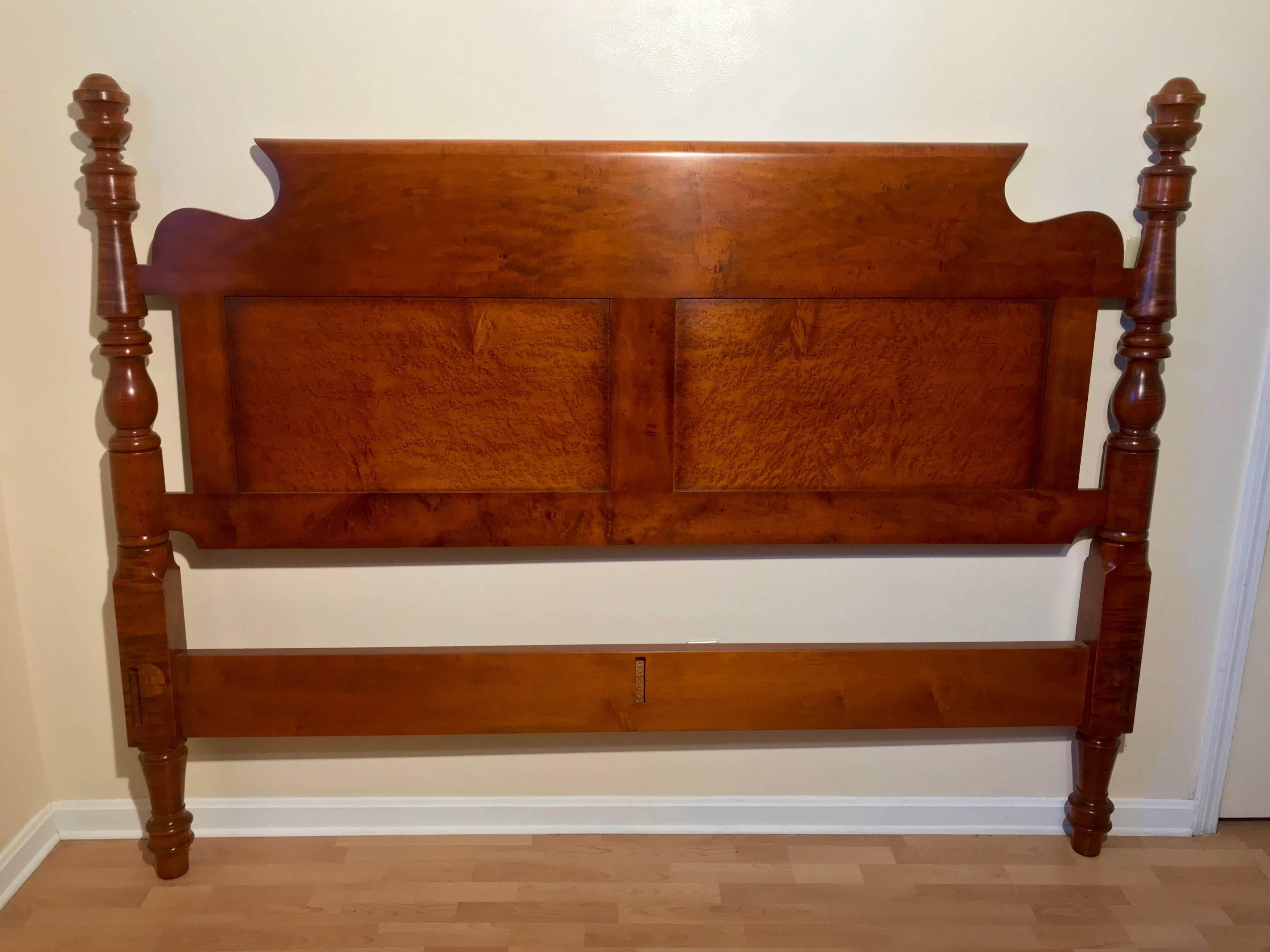 Acorn top low post bed in extraordinary bird's-eye maple circa1820 refitted to Standard King with two panel bend back headboard. 2