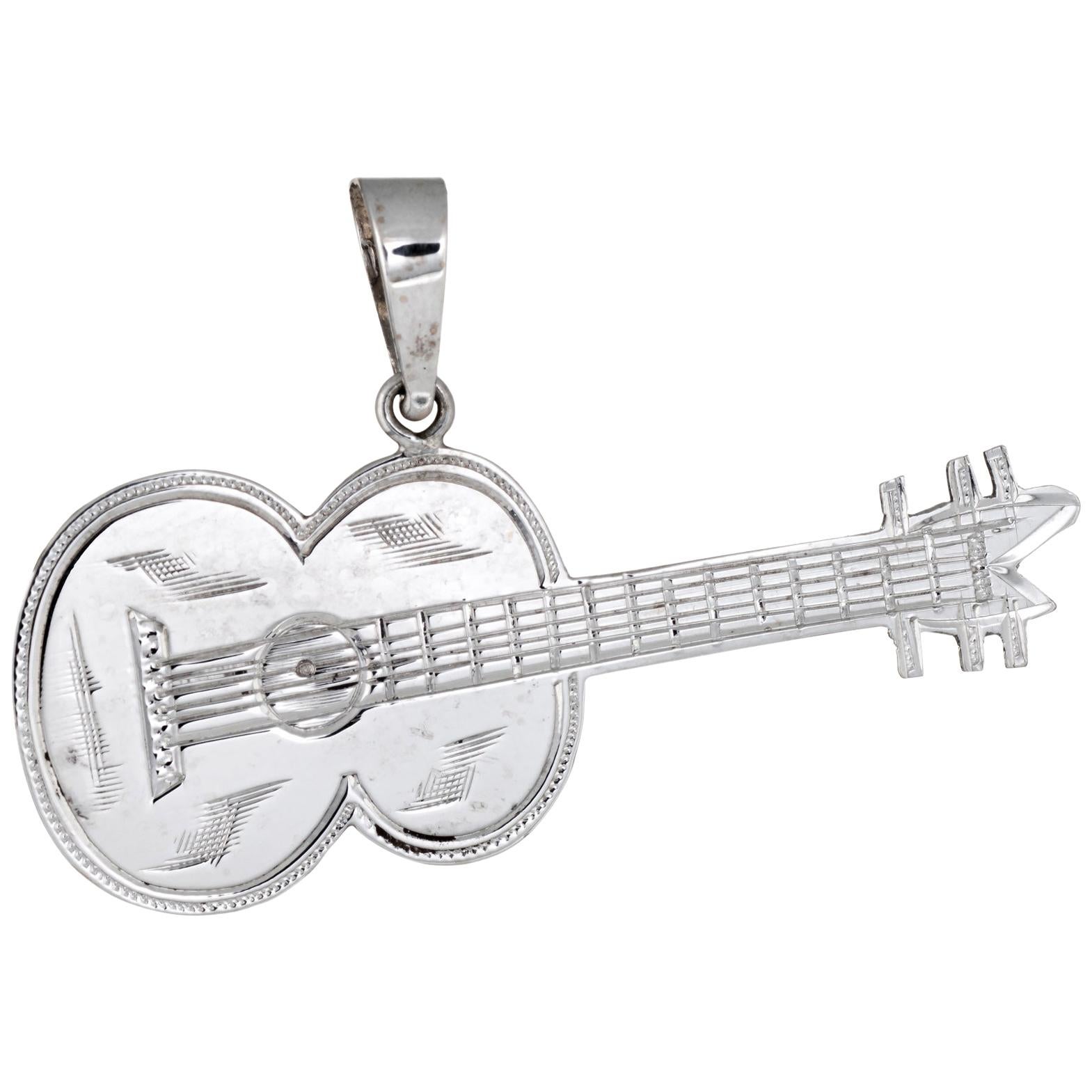 Acoustic Guitar Pendant Vintage 14 Karat White Gold Estate Fine Musical Jewelry For Sale