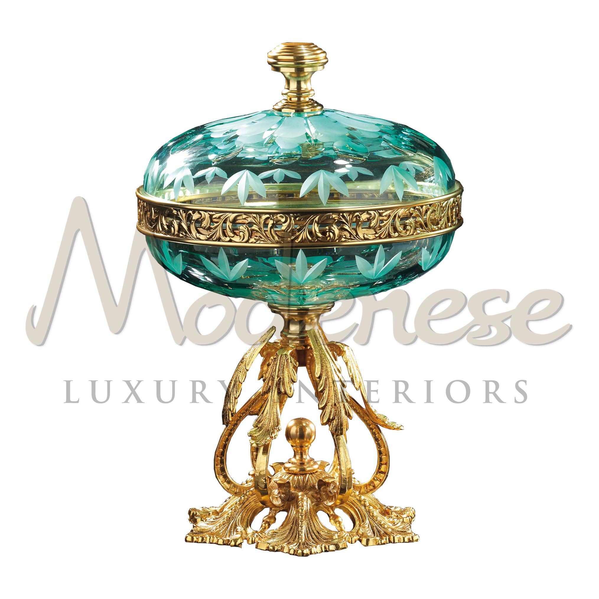Italian Acquamarine Crystal Bowl with Bronze Structure in Gold Leaf Finish by Modenese