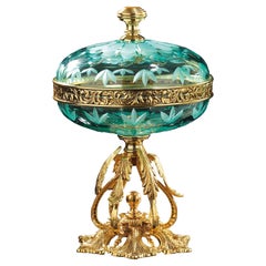 Acquamarine Crystal Bowl with Bronze Structure in Gold Leaf Finish by Modenese