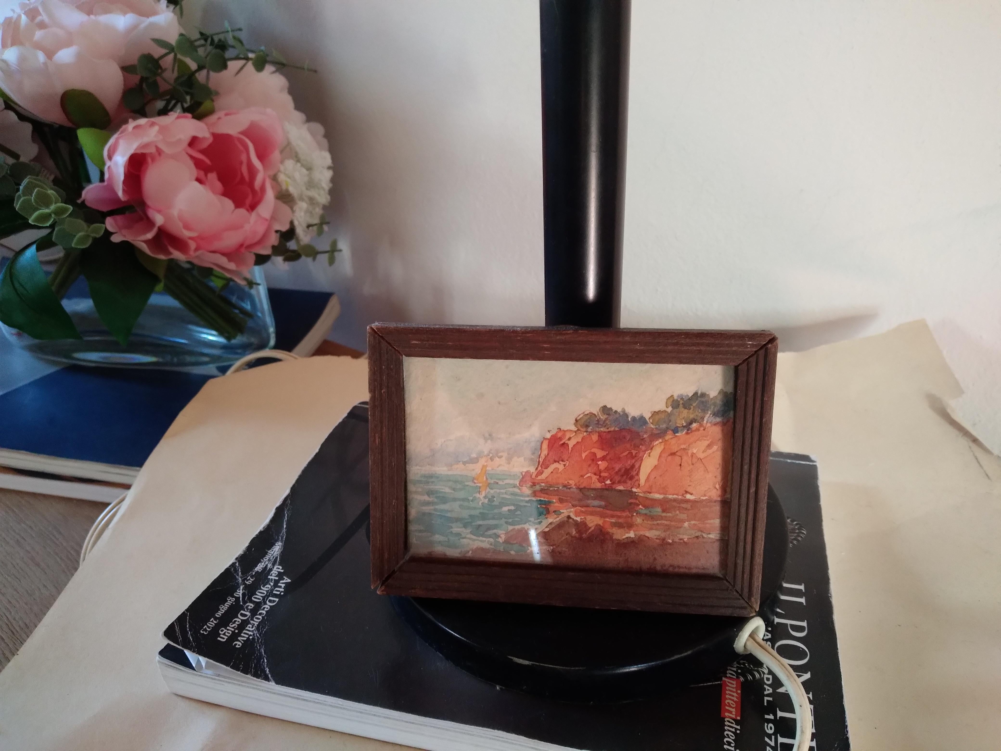 Aquarelle panorama vue mer  voilier .1960s .dimensions 11x9. Ravissante peinture à l'aquarelle Cadre en bois Coeval.