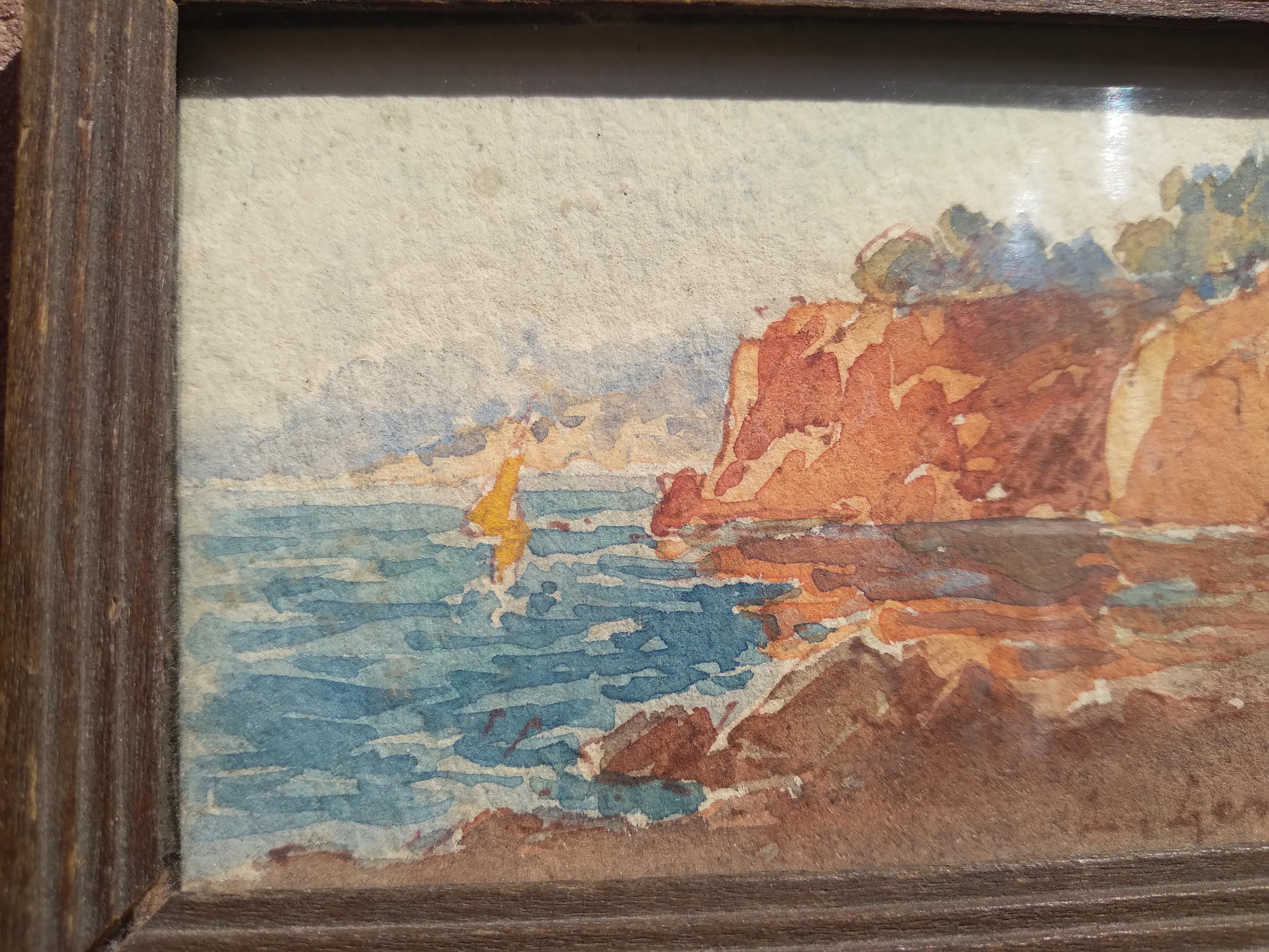 Mid-20th Century Watercolor Landscape Sea Boat Miniature  For Sale