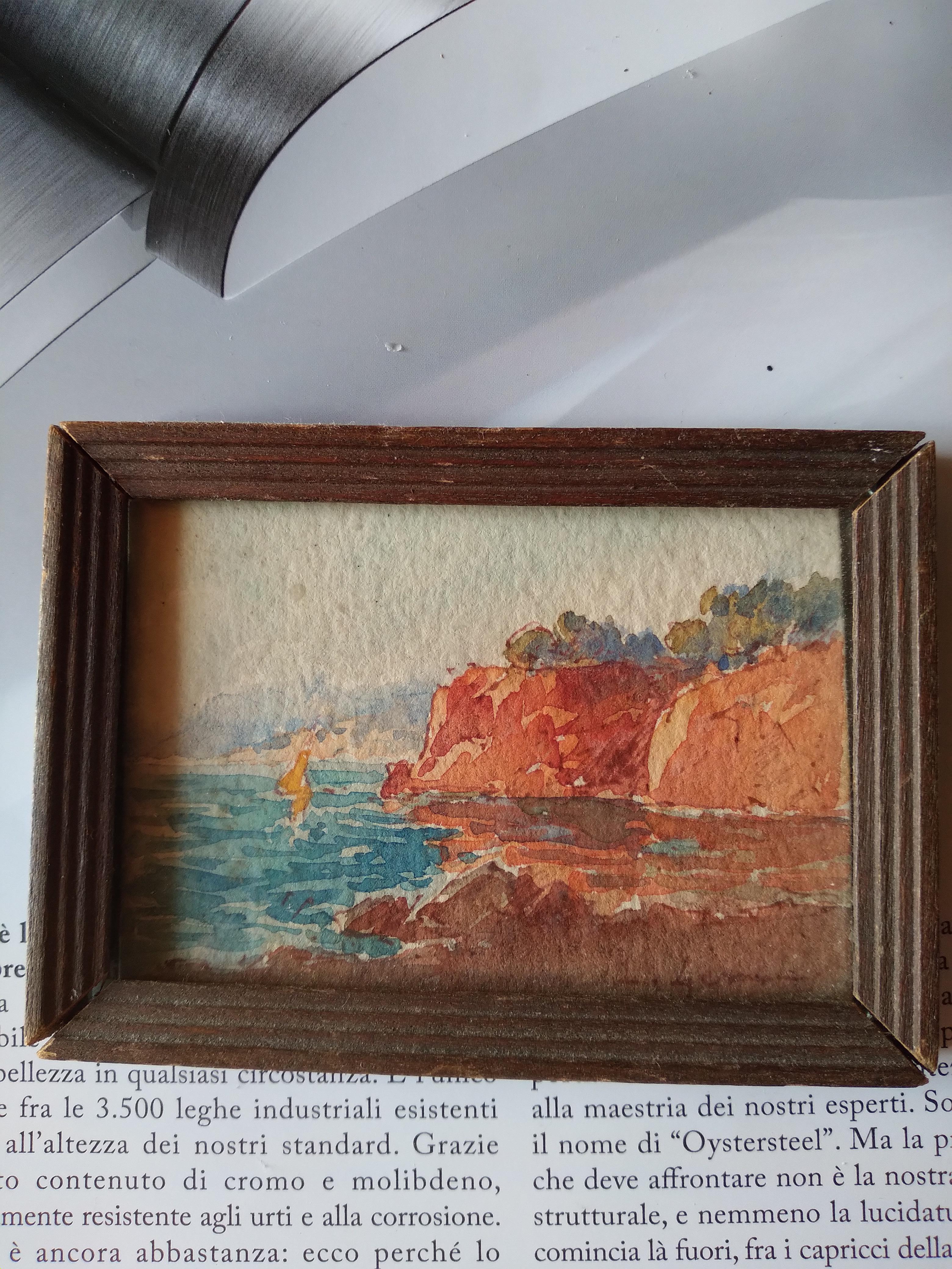 Paint Watercolor Landscape Sea Boat Miniature  For Sale