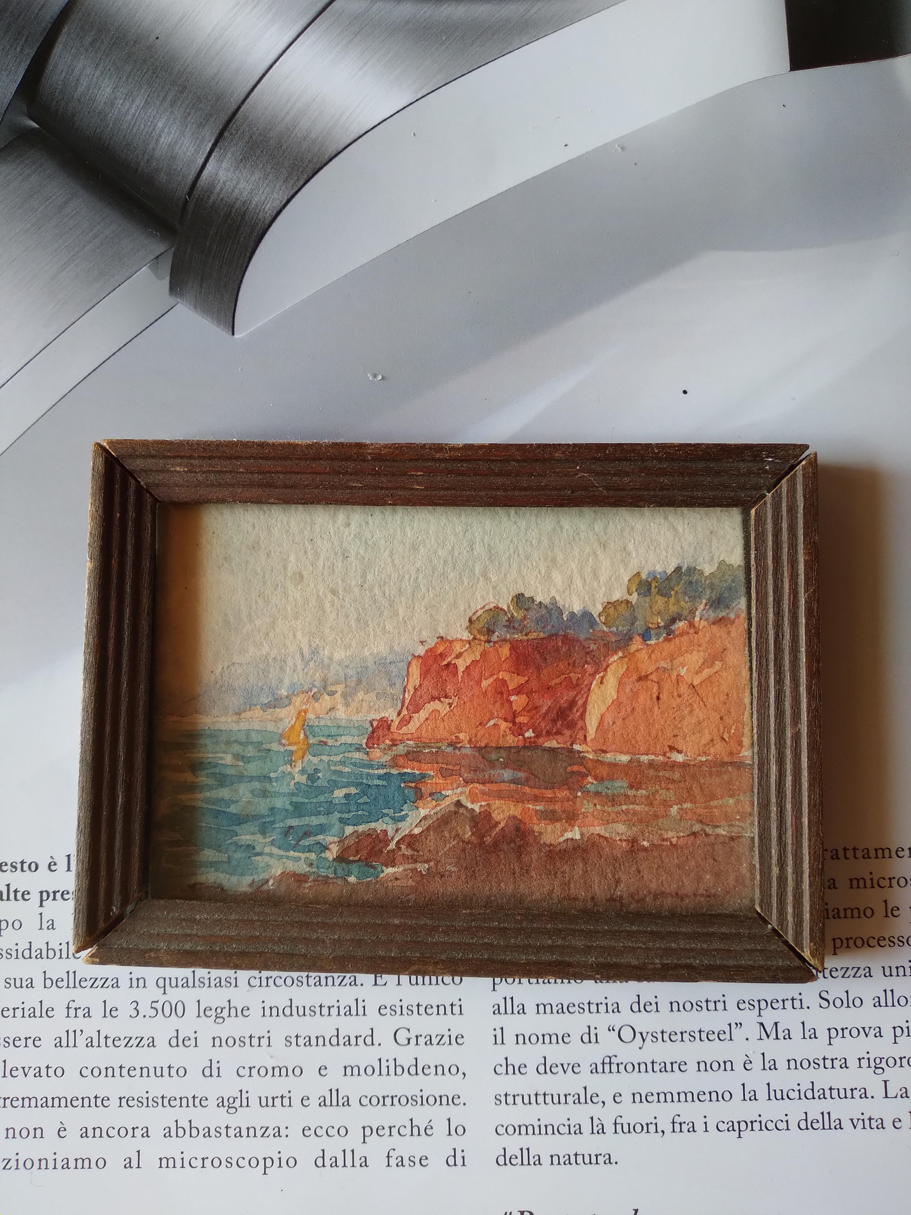 Watercolor Landscape Sea Boat Miniature  For Sale 1