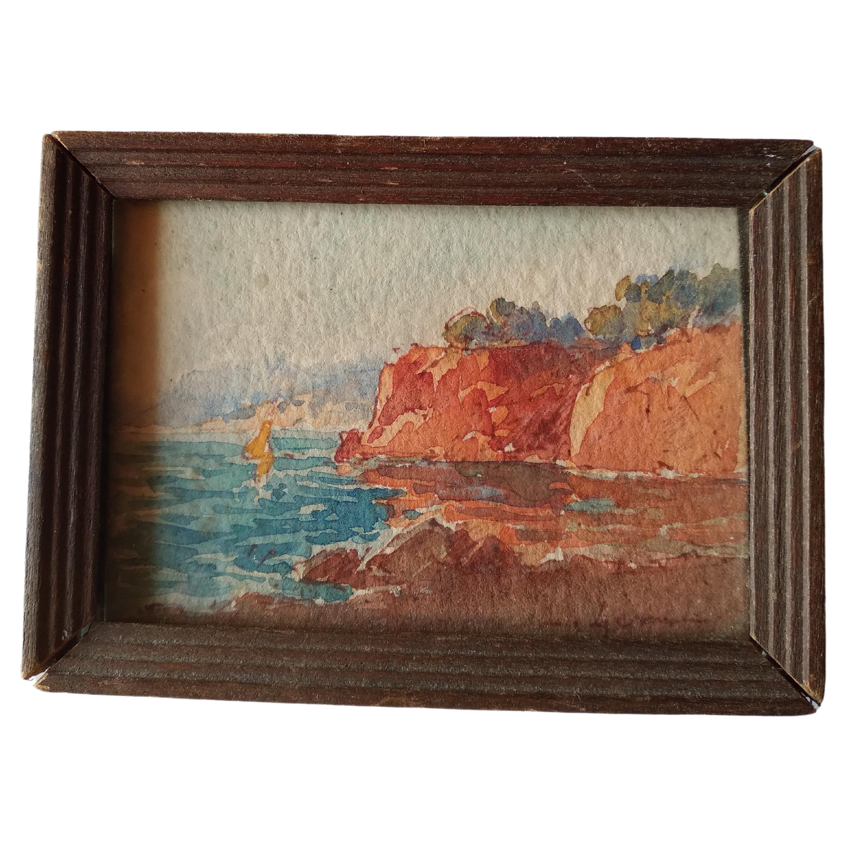 Aquarelle Paysage Bateau de mer Miniature  en vente